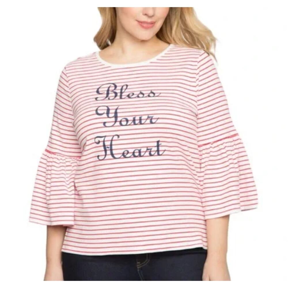 Draper James X Eloquii quarter length bell sleeve striped graphic tee 18…